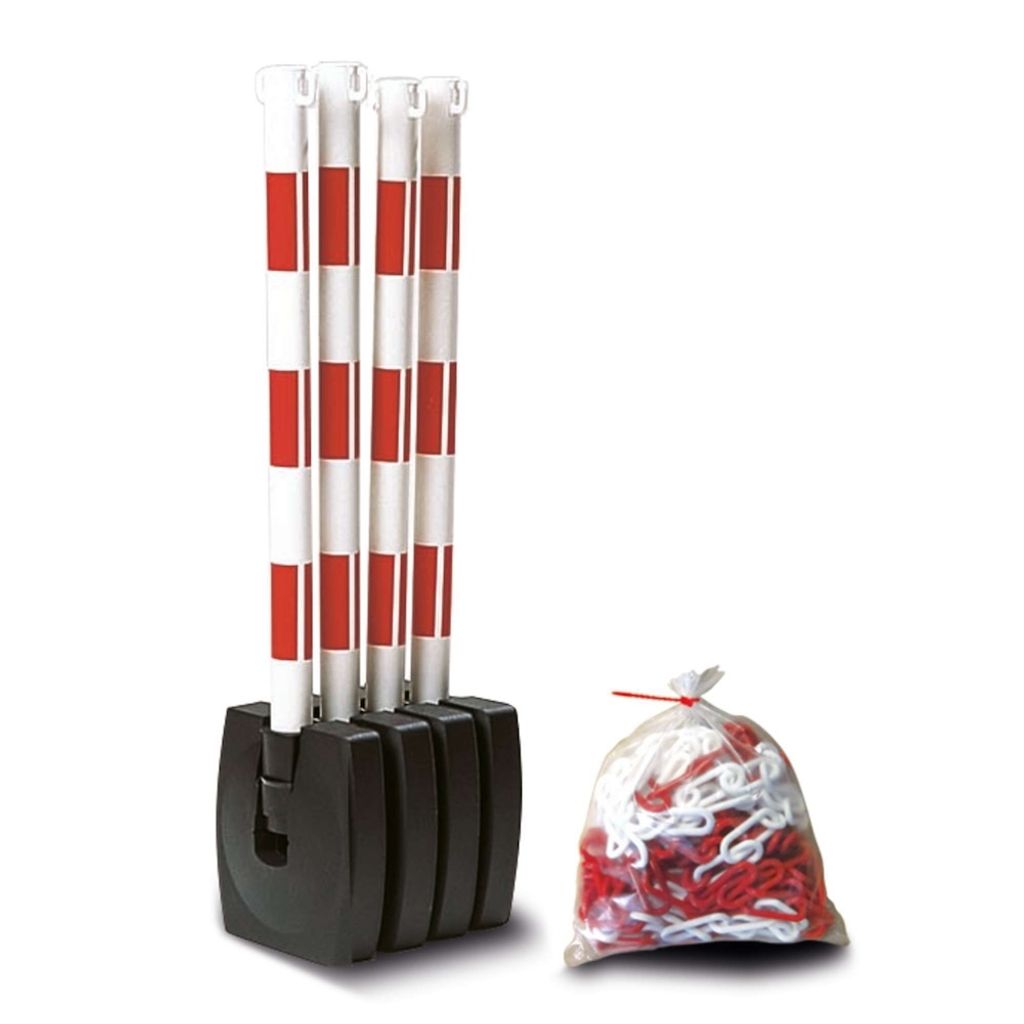 PROREGAL SuperSparSet 4x Klappbarer Ketten-Warnständer mit viereckigem Kunststofffuß | Betongefüllt | HxØ 90x5cm | Kunststoff | inkl. 10m Kette...