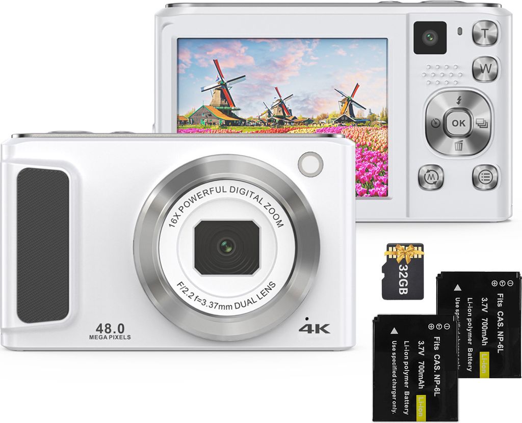 4K-Digitalkamera, digitale Videokamera, 48 MP, Doppelobjektiv, 2,8 Zoll IPS-Bildschirm, Autofokus, 16-facher Digitalzoom, integrierter Blitz, mit 2...