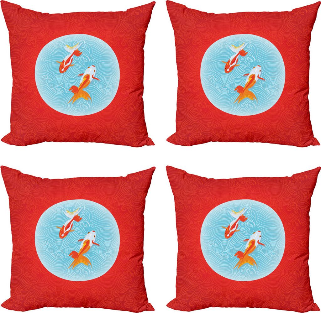 ABAKUHAUS Goldfisch Kissenbezug Set (4 Stück), Paar Fische Japanisch, Moderner Doppelseitiger Digitaldruck, 50 cm x 50 cm, Vermilion Blassblau
