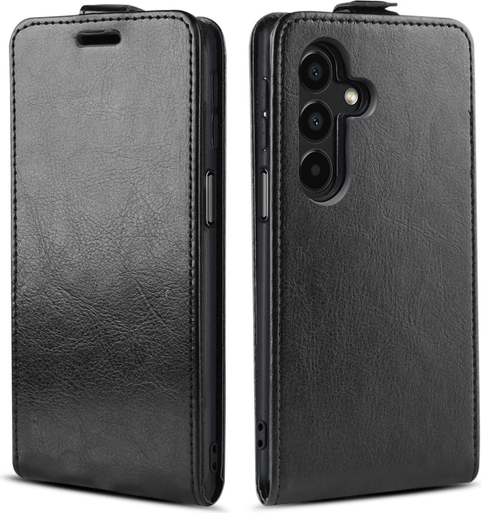A black flip case for a smartphone is shown from two angles.