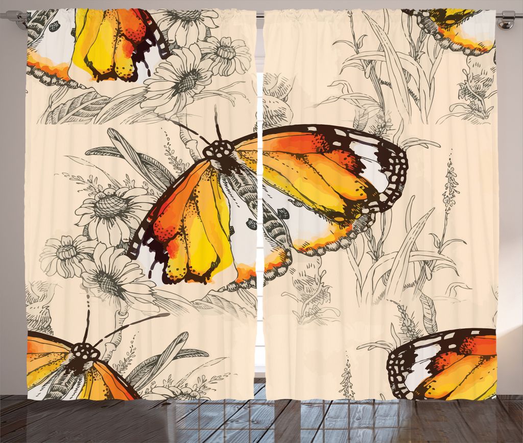 ABAKUHAUS Schmetterling Rustikaler Vorhang, Meditative Reise, Wohnzimmer Universalband Gardinen mit Schlaufen und Haken, 280 x 225 cm, Orange Schwa...