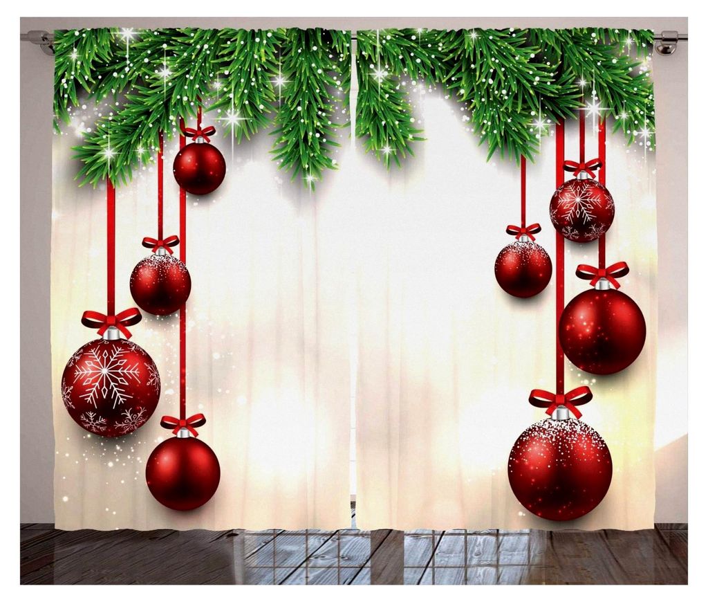 Rustikaler Weihnachtsvorhang mit roten Ballbändern, Universalband Gardinen für Wohnzimmer, 280 x 175 cm, Rot Grün