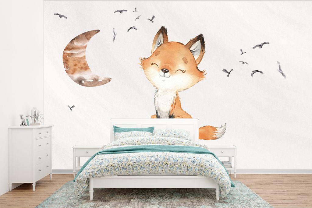 MuchoWow Fototapete für Wohnzimmer oder Schlafzimmer Wandtapete Vinyl Motivtapete Zitate - Aquarell - Stark sein - Kinder - Fuchs - Tiere - 295x...
