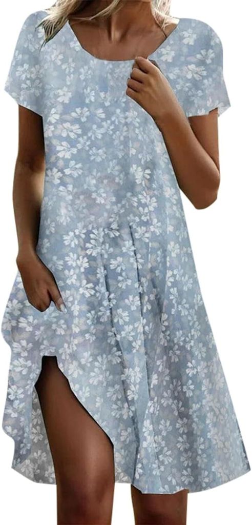 ASKSA Damen Sommerkleid Laessig Sommer Boho Kleid Elegant Blumendruck Maxikleid Kurzarm A-Linie Strandkleid (Hellblau,L)
