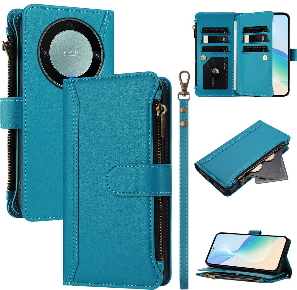 Handyhülle für Honor X9A/Magic5 Lite Reißverschluss Geldbörse Kunstleder Klapphülle mit Kartensteckplatz, Ständer, Handschlaufe Blau