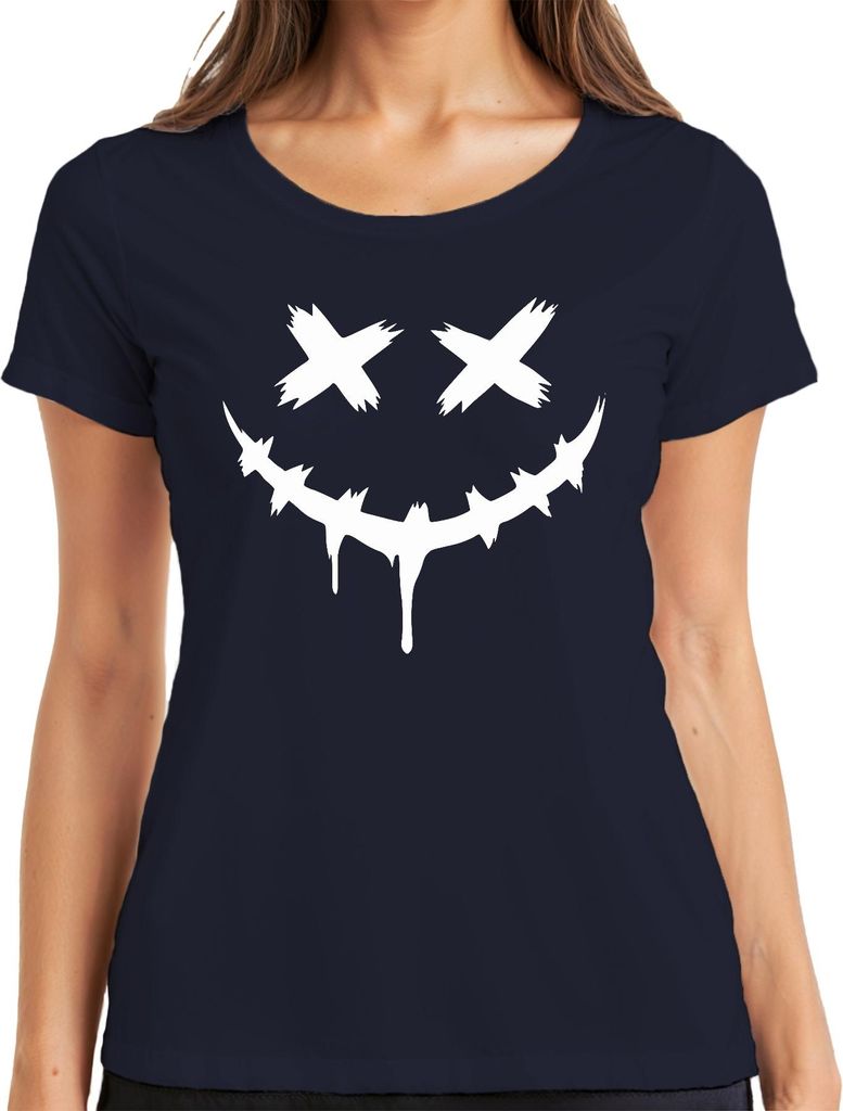 Halloween Gruselig Grinsend Gesicht X Augen Tropfend Stachelig Damen T-Shirt, Navy, M