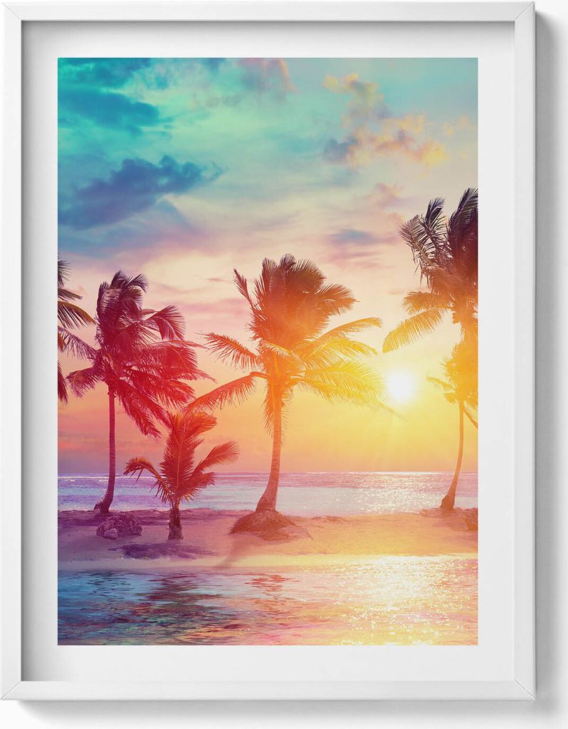 Palmen in Miami bei Sonnenaufgang– Wandbild mit Rahmen – Gerahmtes Bild – Wanddekoration – 60x80 cm – Weiß Rahmen