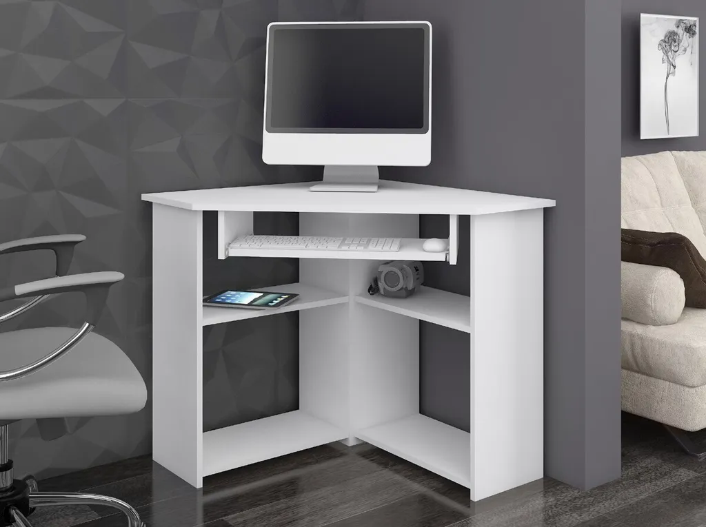 Bureau d'angle blanc 80x80 cm avec tablette clavier pour petit espace - 3