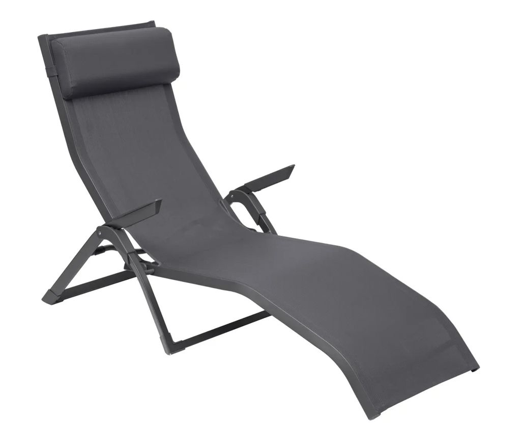 A dark gray chaise lounge chair with a headrest, shown from a side angle against a white background.