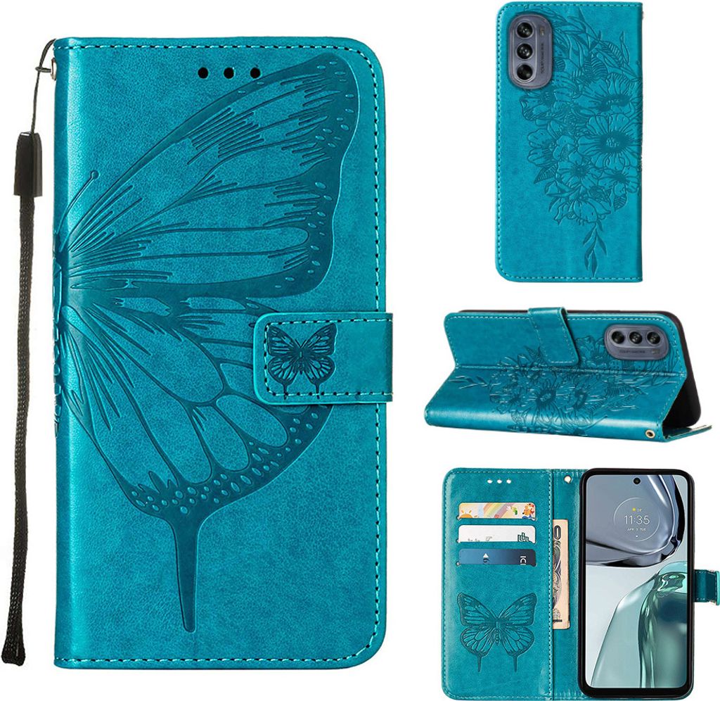 Moto G62 5G Hülle, Schmetterling Prägung Flip Leder Kartenfächer Schutzhülle Ledertasche mit Ständer für Motorola Moto G62 5G Blau