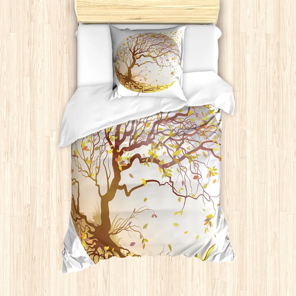 ABAKUHAUS Set copripiumino per letti singoli, albero, vento, foglie che volano, antiacaro, adatto a chi soffre di allergie, con federa, 135 cm x 200 cm - 80 x 80 cm, multicolore