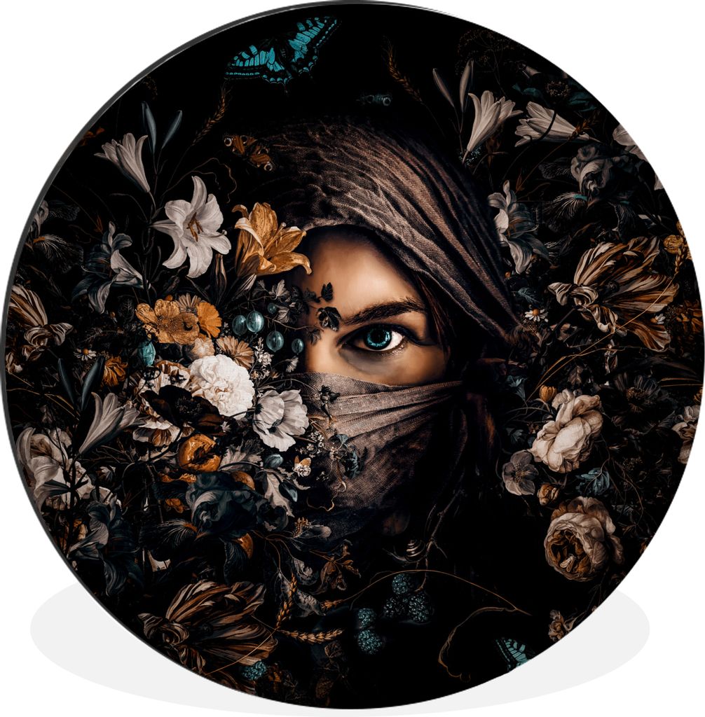 MuchoWow Aluminium Wandkreis Frau - Luxus - Blumen - Schmetterling - Porträt Ø 90 cm Wanddeko Modern Wohnzimmer - Mauerkreis - Wandbilder - Run...