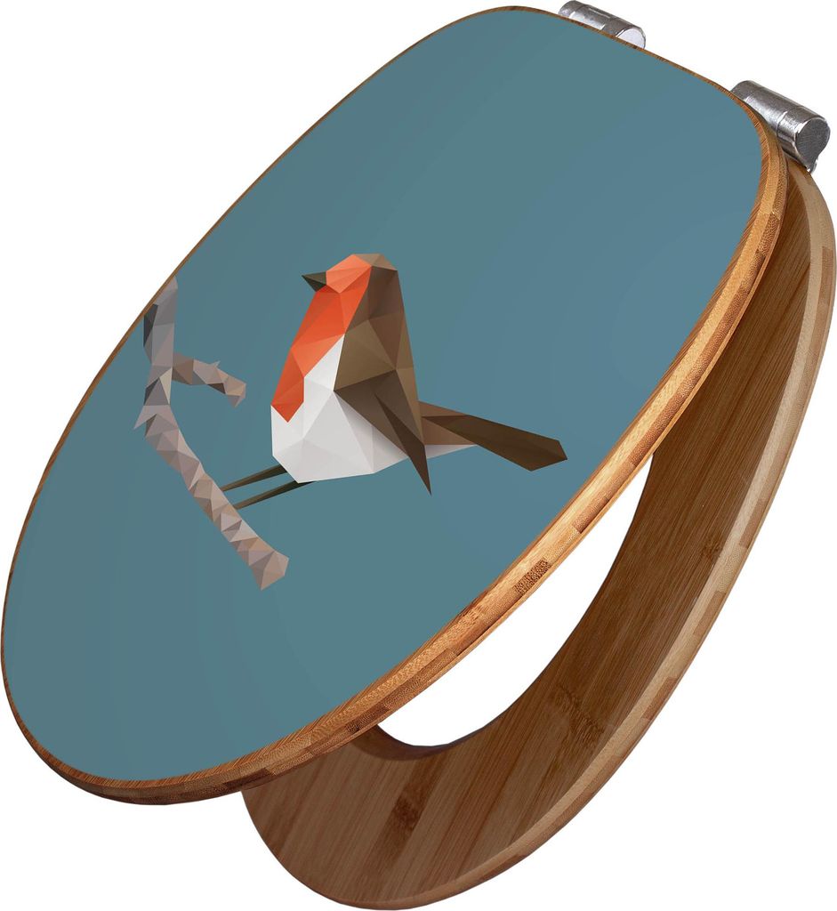 banjado Design WC Sitz Bambus Absenkautomatik -abstrakter Vogel - Toilettendeckel mit Absenkautomatik Holz/hochwertiger Bambus Klodeckel/WC-Sitz f...