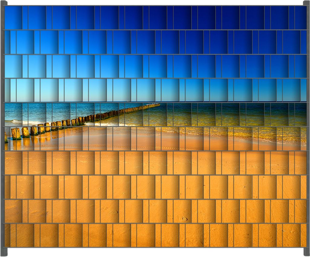 Wallario Zaunsichtschutz mit Motiv Sandstrand in orange - Blaues Meer - Blauer Himmel für Ein- und Doppelstabmatten Zäune in der Größe 250 x 20...