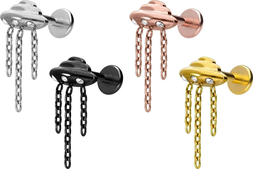 Ohrpiercing, Nasenpiercing Titan Labret mit Innengewinde UFO + KETTE + KRISTALLE RoséGold Stablänge: 10mm | Stabstärke: 1,2mm