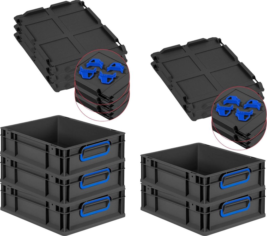 SparSet 5x Eurobox NextGen Color mit Auflagedeckel und Schiebeschnappverschlüsse | HxBxT 12x30x40cm | 11 Liter | Schwarz | Griffe blau geschlossen...