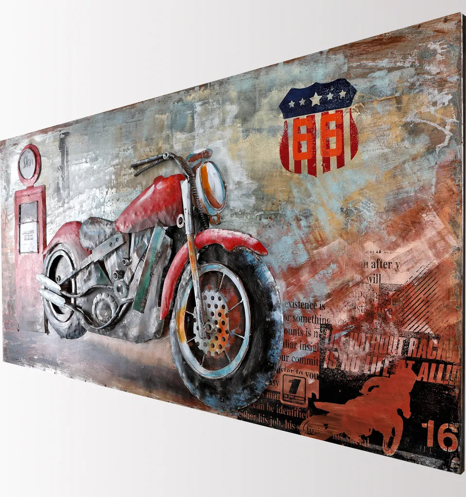 Tableau en Relief Métal Fait Main Station Moto Rouge 120cm Grand Format