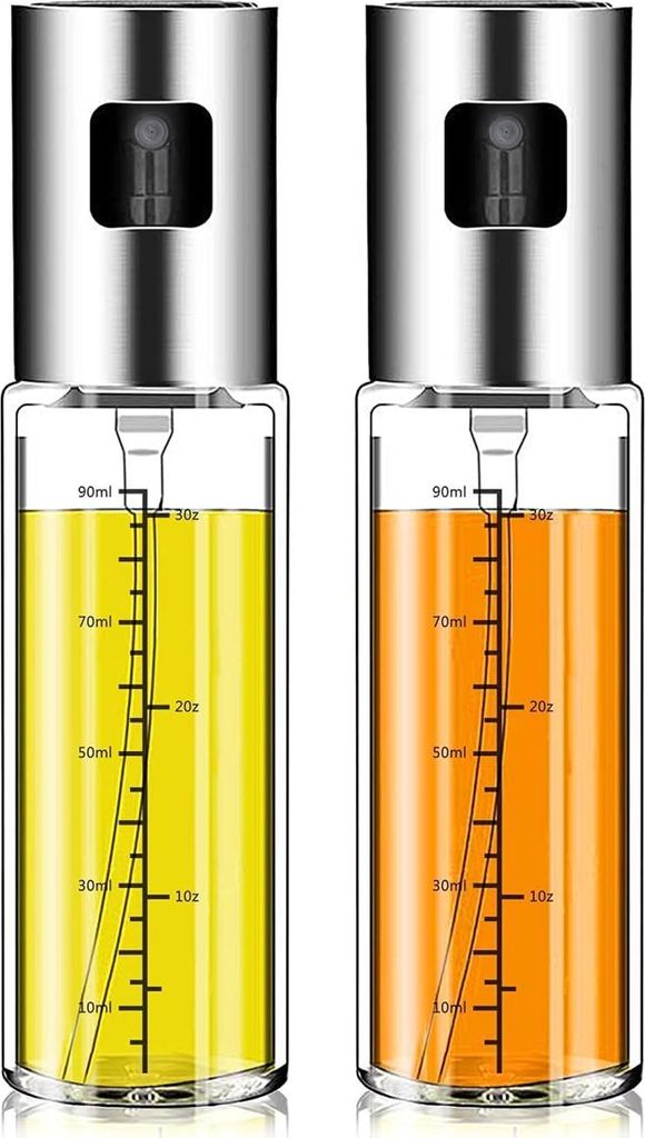 2er-Packung 100 ml Sprühflasche aus Edelstahl 304 mit Skala, Glas-Ölsprüher, geeignet zum Kochen mit Speiseöl und für Heißluftfritteusen