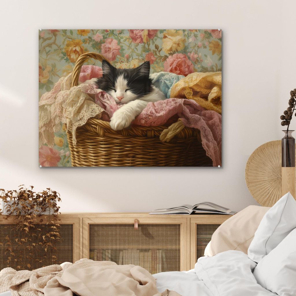 MuchoWow Glasbilder - Bilder auf Wandbild - Foto auf Glas Katze - Blumendruck - Weidenkorb 80x60 cm Wanddekoration aus Glas - Acrylglasbild - Acryl...