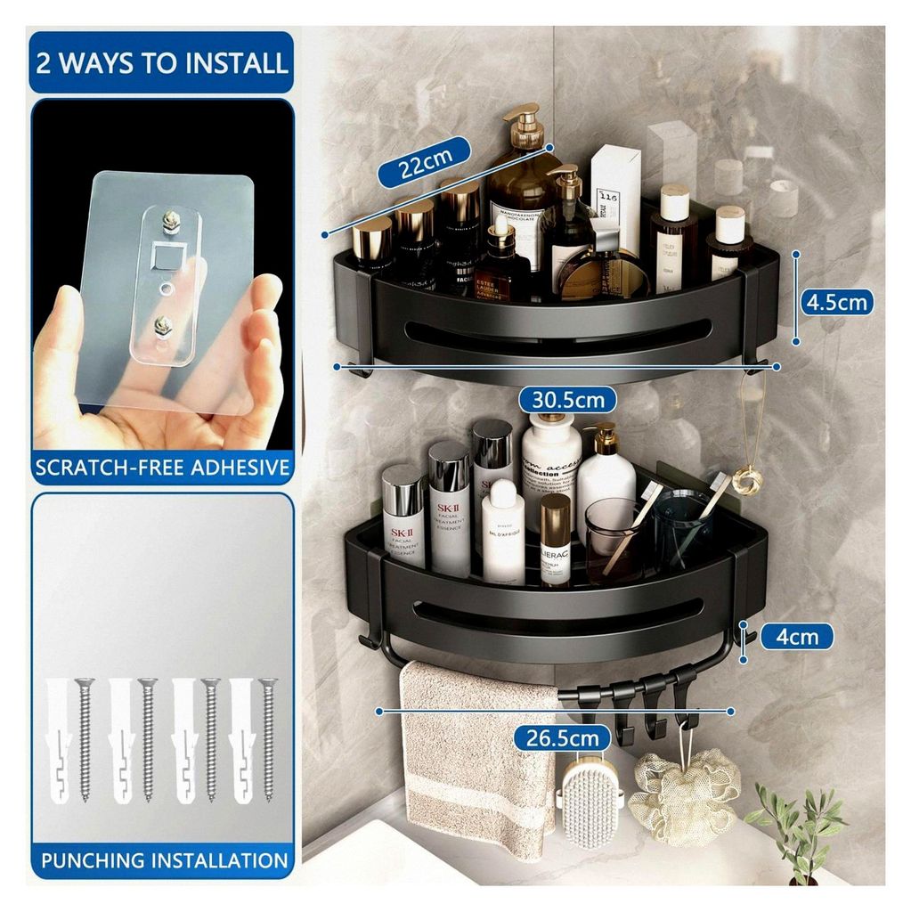 Duschablage ohne Bohren, Eck-Duschregal Schwarz, 2 Stück Dreieckige Duschkörbe, Badezimmerregal für Dusche, Bad, Küche und Toilette für Shampo...
