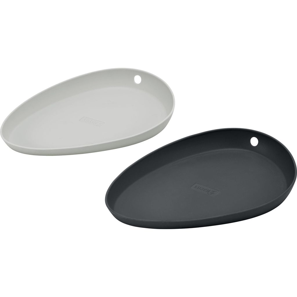 Two oval-shaped trays, one gray and one white, are shown against a white background.