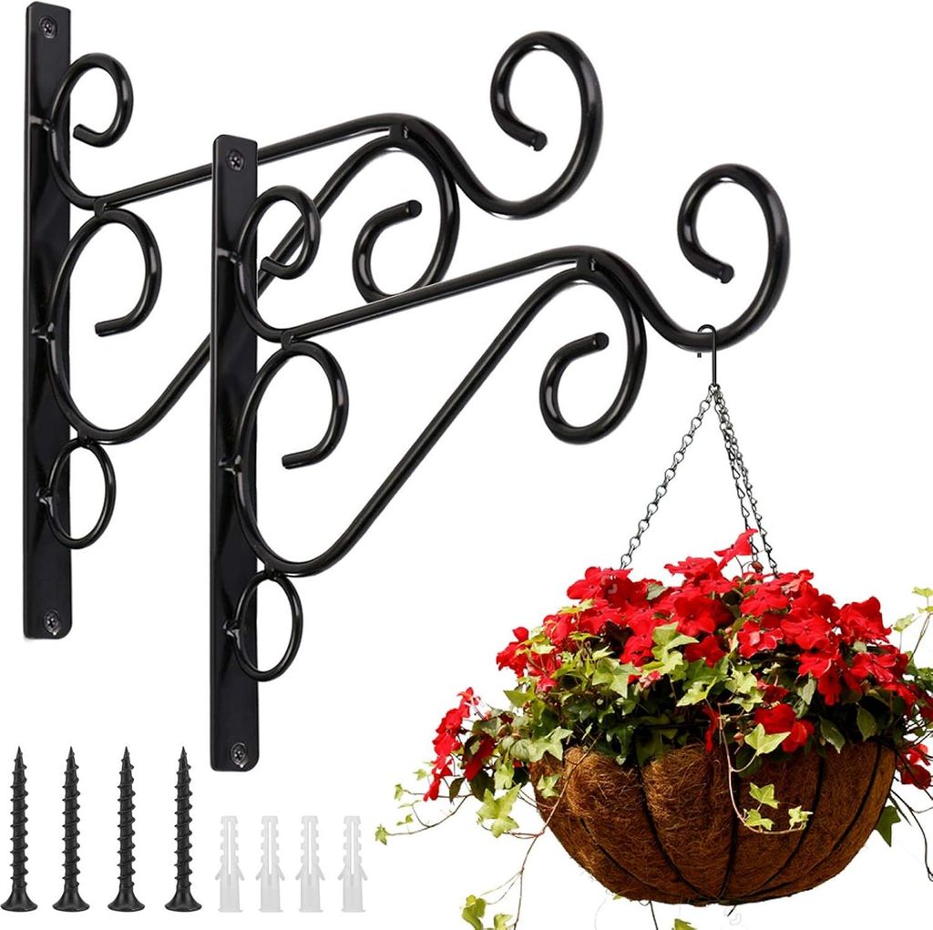 Pack of 2 Black Iron Outdoor Hanging Brackets Wall Hooks for Bird Feeder Lanterns Wind Chimes with Screws