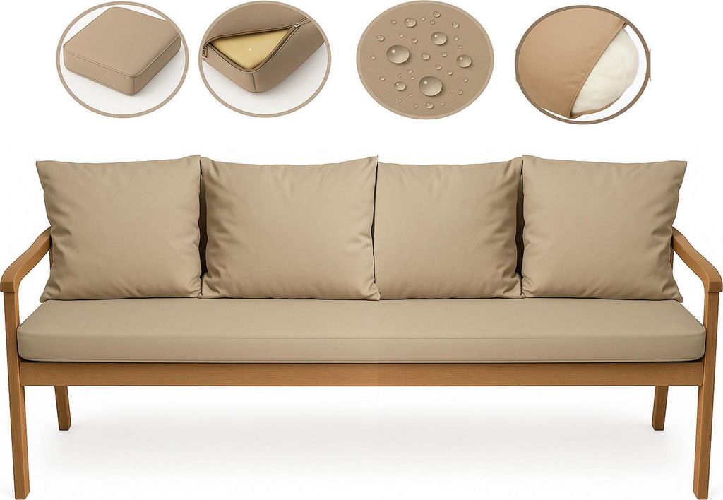 A beige sofa with cushions, shown with close-up insets highlighting features like water resistance and removable covers.