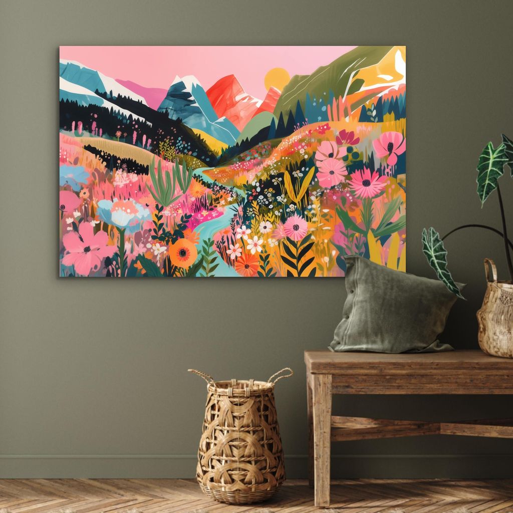 MuchoWow Wanddekoration Metall Metallbild Wandkunst 90x60 cm Fluss - Tiefe - Blumen MuchoWow Aluminium Gemälde - Wandbilder