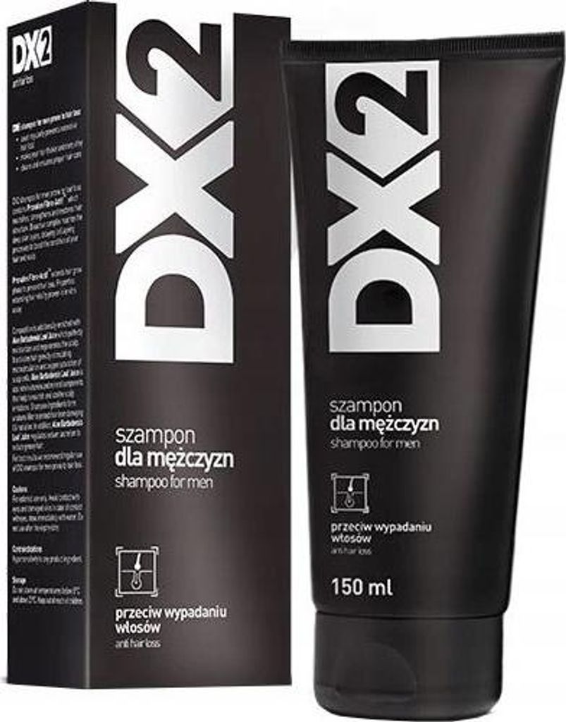 A black shampoo bottle and its packaging are shown against a white background.
