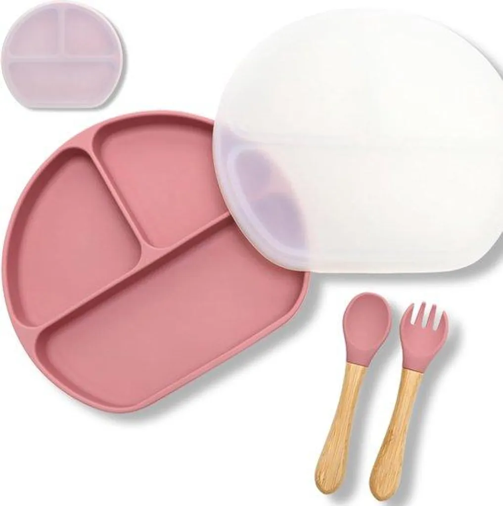 Set de table enfant en silicone rouge ventouse et couvercle de voyage