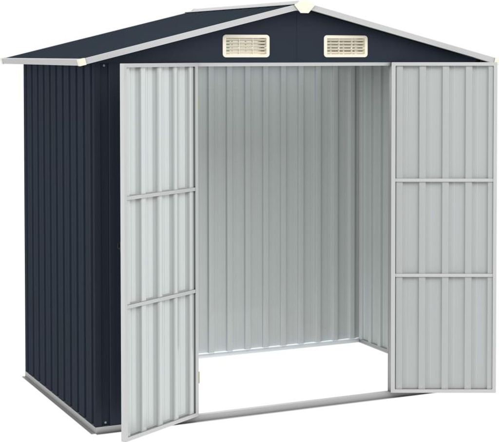 A dark gray metal shed with open double doors, showing the silver interior.