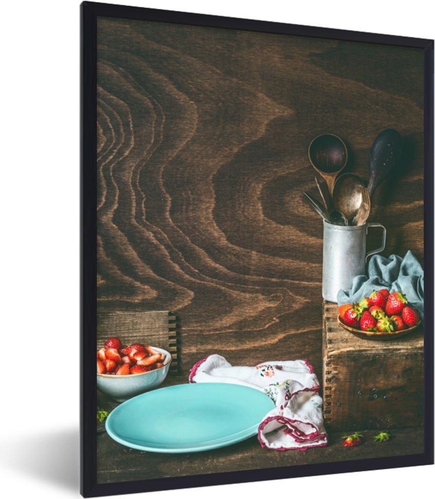 MuchoWow Gerahmtes Poster Rustikal - Obst - Küchenutensilien - Erdbeere 30x40 cm - Poster mit Schwarzem Bilderrahmen Wandposter Rahmen Foto Bild...