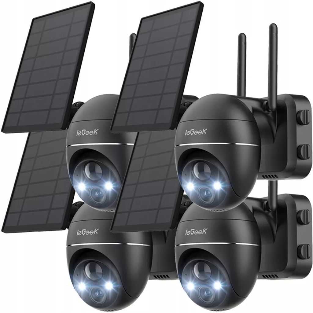 ieGeek 3MP Überwachungskamera Aussen Akku Kabellos PTZ WLAN IP Kamera mit Solarpanel, Farbige Nachtsicht, 2-Wege-Audio, 4 Stk.