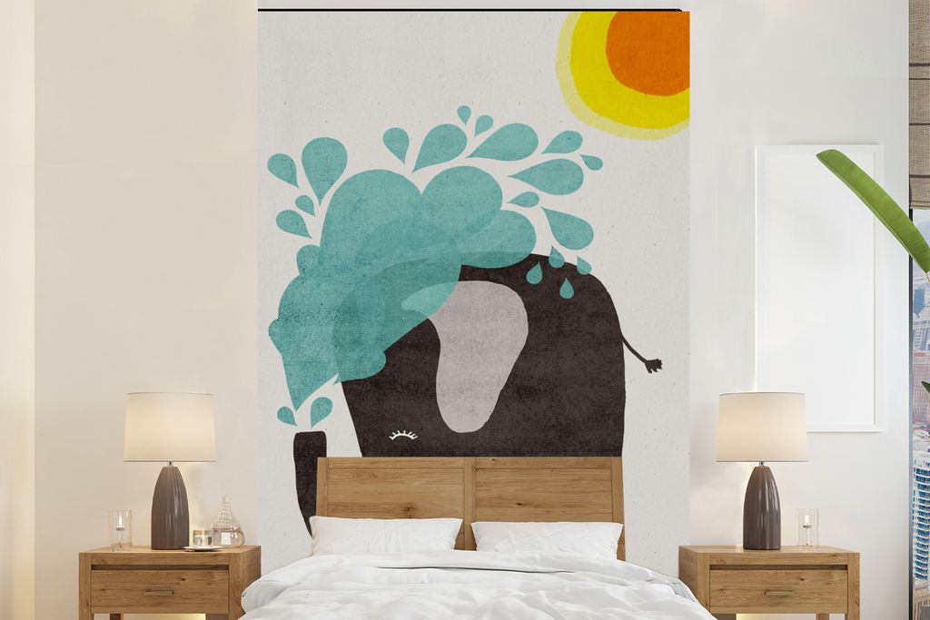MuchoWow Fototapete für Wohnzimmer oder Schlafzimmer Wandtapete Vinyl Motivtapete Elefant - Kind - Wasser - Sonne - 225x350 cm - Schlafzimmer ta...