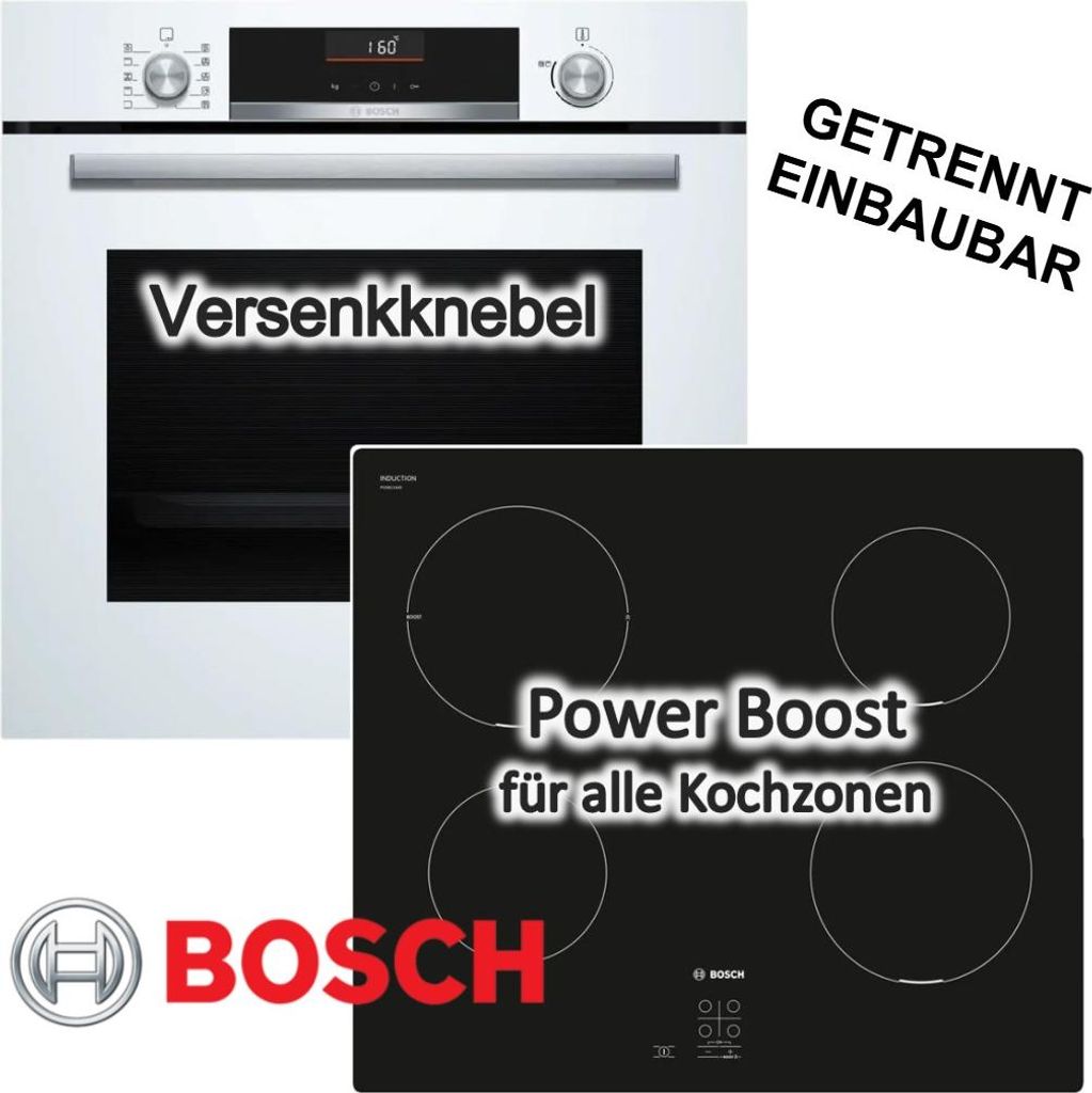 BOSCH Herdset AirFry 71l weiß 3D Heißluft EcoClean Direct SoftOpen Versenkknebel + Induktionskochfeld 60cm Autark Glaskeramik PowerBoost