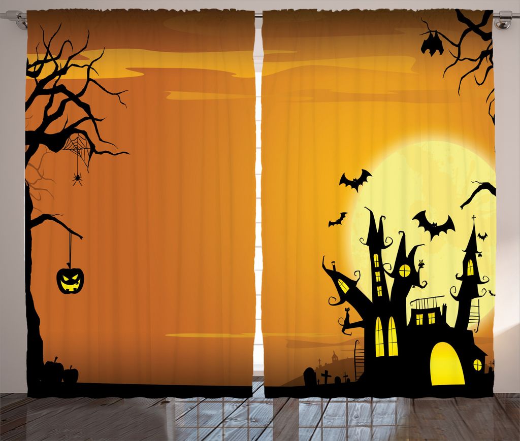 ABAKUHAUS Halloween Rustikaler Gardine, Spukhaus, Schlafzimmer Kräuselband Vorhang mit Schlaufen und Haken, 280 x 225 cm, Orange Schwarz