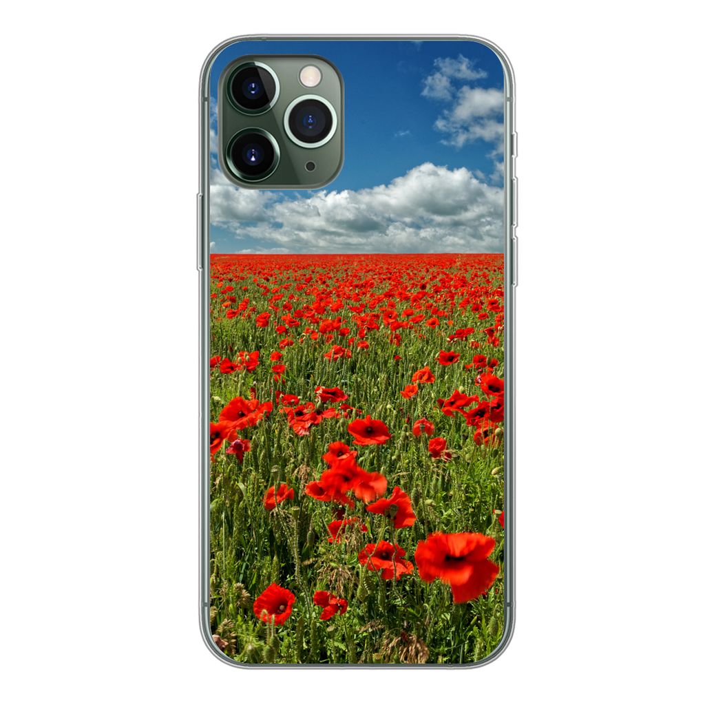 MuchoWow Handyhülle Schutzhülle Hülle für iPhone 11 Pro Schneeweiße Wolken über einem Mohnblumenfeld Silikon Softcase Handy Hülle - Handy