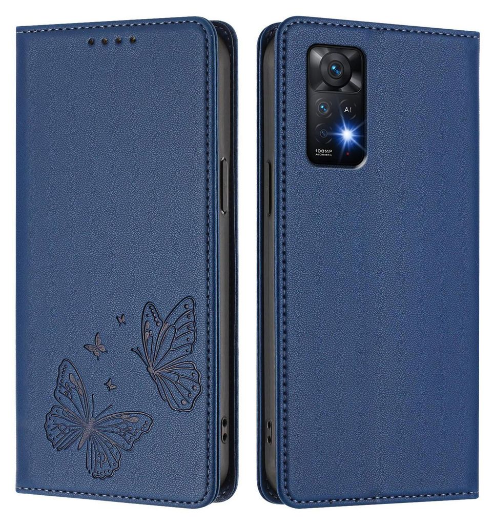 Lederhülle für Xiaomi Redmi Note 11 Pro 5G/4G/Note 12 Pro 4G, Schmetterling Prägung Leder Brieftasche Schutzhülle mit Ständer Dunkelblau