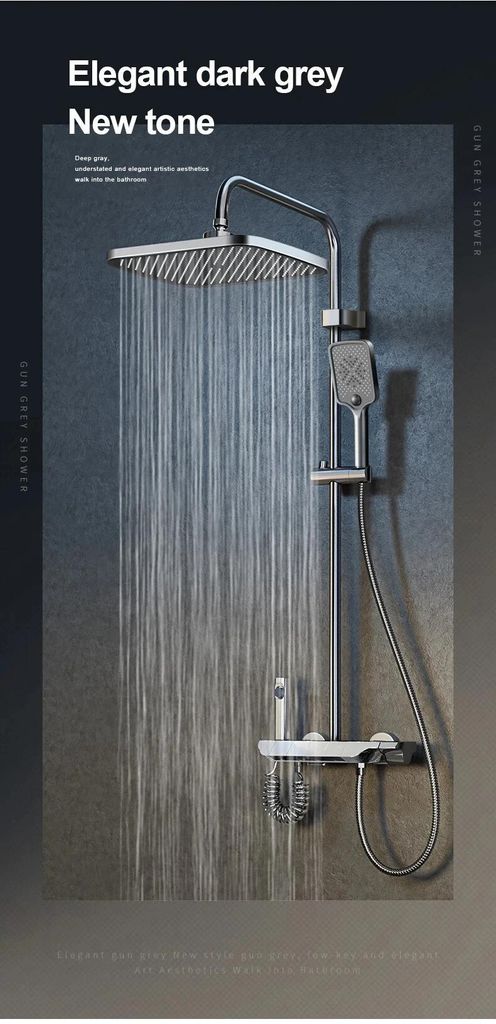 Thermostatische Duscharmatur - Duschset - Messing - Galvanisch beschichtet - Höhenverstellbar - Ohne Display - Hellgrau