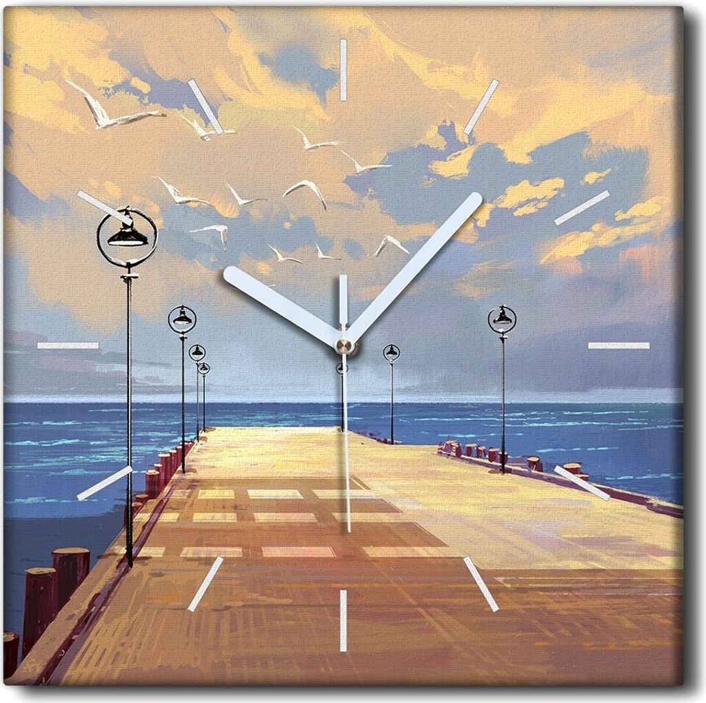 Coloray Uhr auf Leinwand 30x30 cm Wand Uhr Dekoration Wohnzimmer Segeltuch weiße Zeiger -Seebrückiger Himmel