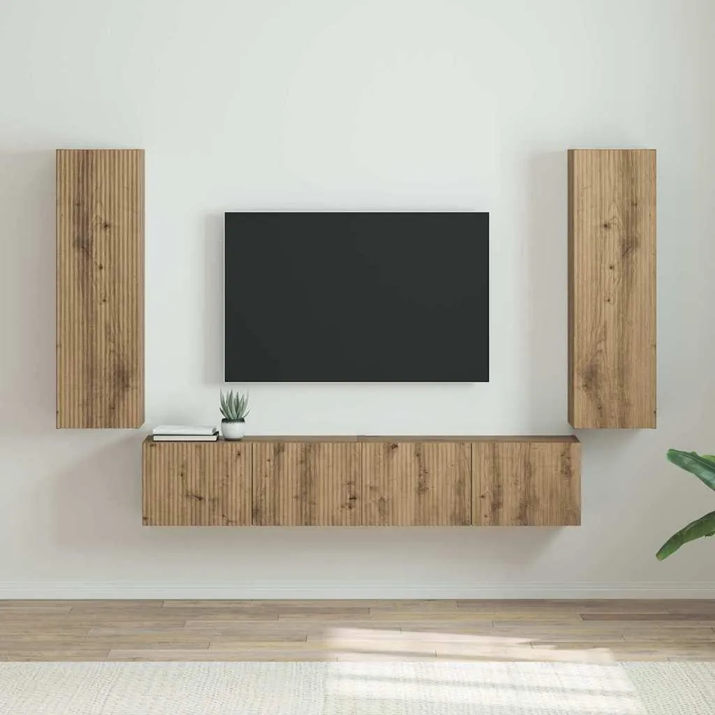 Meuble bas TV en chêne artisanal pour écran plat - Ensemble 2 unités