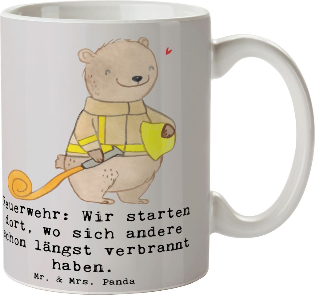 Mr. & Mrs. Panda Kaffeebecher Feuerwehrmann Helden - Grau Pastell - Geschenk, Respekt, Rettung, Tasse, Tapferkeit, Berufe, kreative Geschenke, Beru...