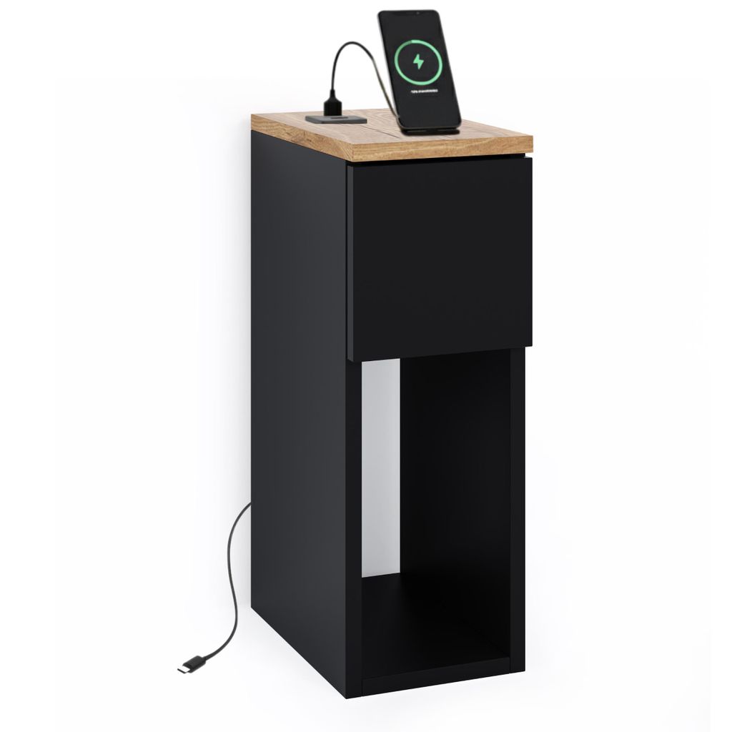 Nachttisch Beistelltisch schmal - Schwarz matt - mit USB USB C Ladeanschluss - 20x30 cm