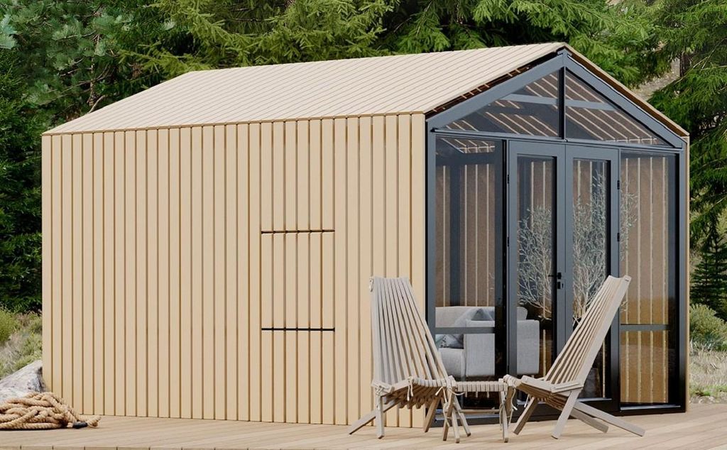 Casa Padrino Luxus Gartenhaus Schwarz / Beige 400 x 300 x H. 276,2 cm - Massivholz Garten Haus mit Glasfenstern und Glastüren - Moderne Gartenhäu...