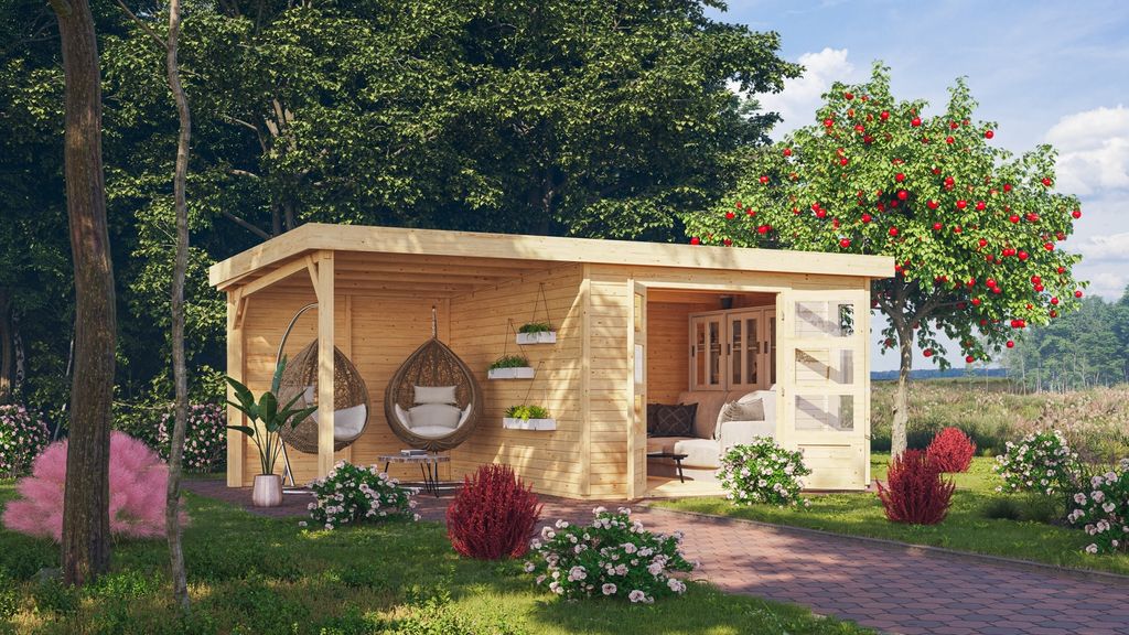 Karibu Gartenhaus Gerätehaus Kerko 6 im Set mit Anbaudach 2,40 m Breite und 19 mm und Rückwand naturbelassen 302x306x216 cm