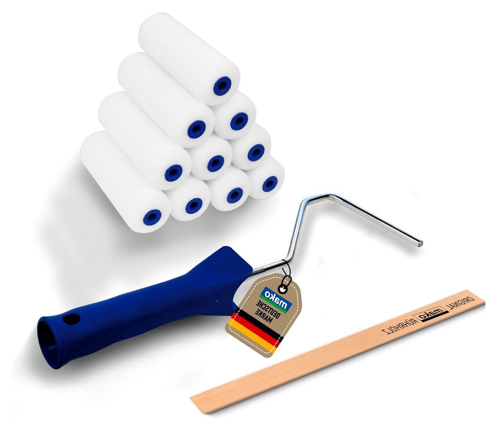 Lackierset 12-teilig - mit 10x abgerundeten Schaum-Lackierwalzen 11 cm, ergonomischem Farbroller-Bügel und Rührholz, für alle Lacke und Kreidefa...
