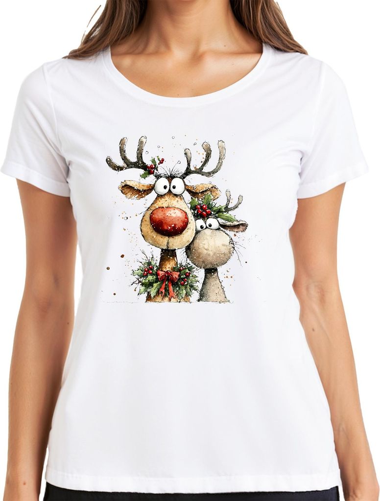 Lustige Rentiere Rotnase Weihnachten Geschenk Aquarell Niedlich Damen T-Shirt, Weiß, M