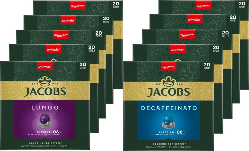 JACOBS Kapseln Nespresso * kompatibel 5x20 Lungo 8 Intenso+ 5x20 Decaffeinato 6