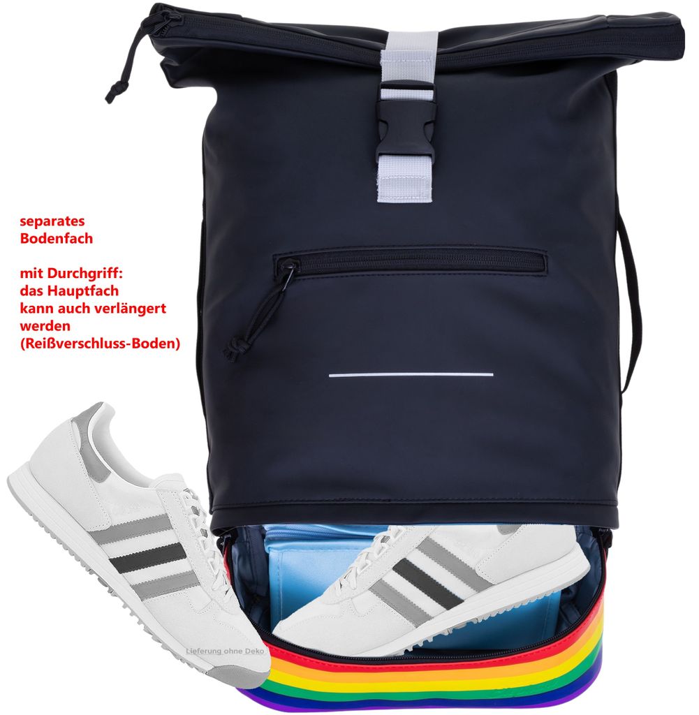 Freizeitrucksack Herren Damen Rucksack Plane Time Bag COMP 25 L Kurierrucksack Roll-Top Laptoprucksack 12823 Bi Color Rainbow (Regenbogen - Schwarz)