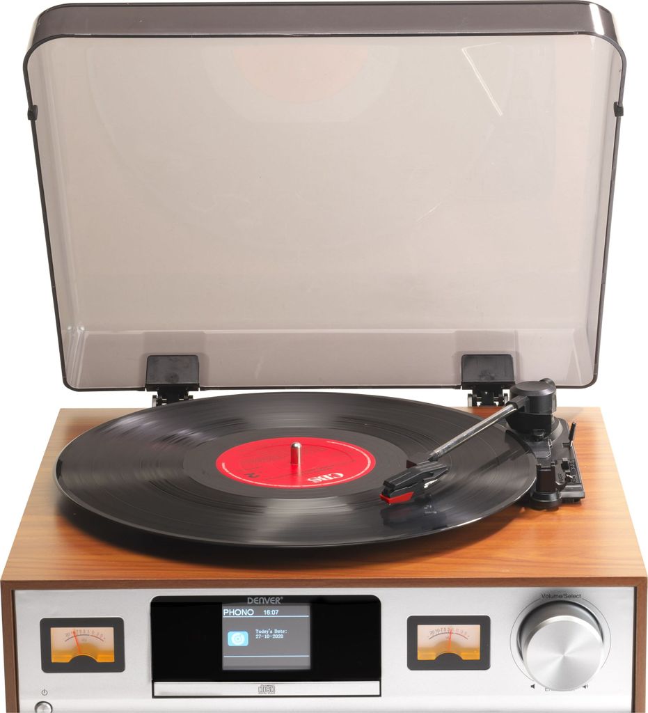 A record player with a vinyl record on it, placed on a wooden base. The lid is open.